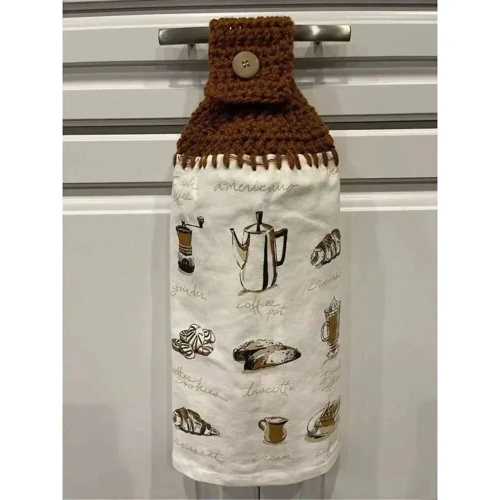 Crochet Top Kitchen Towel- Coffee Themed brown topper